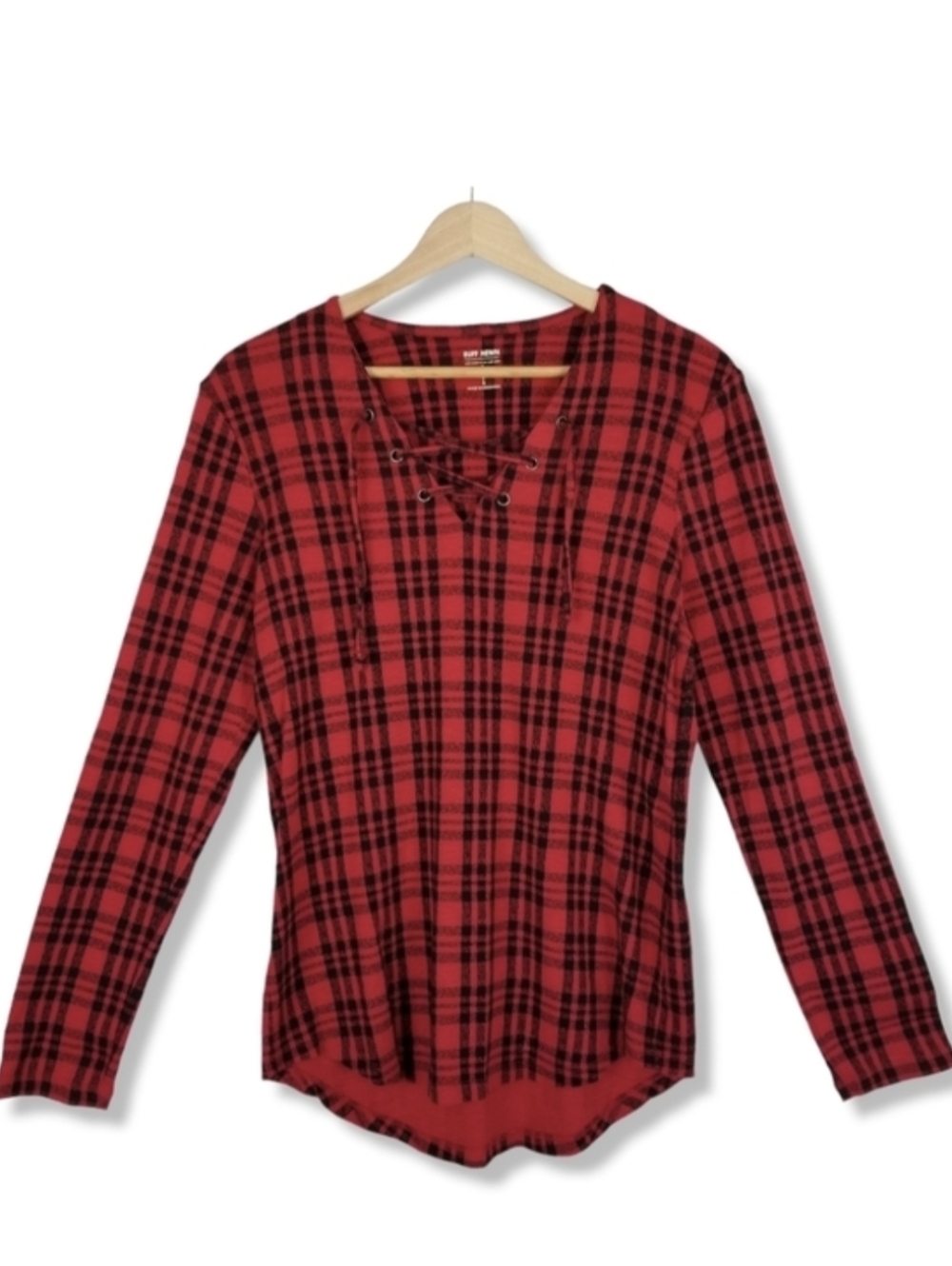 Ruff Hewn Plaid Lace Up Long Sleeve Top Small Red Black 100% Cotton‎